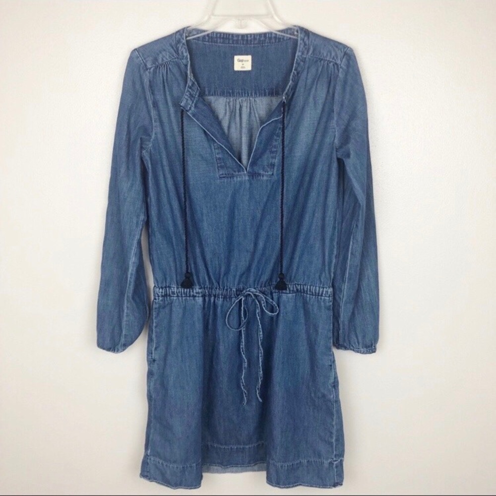 Gap denim dress drawstring waist tassel details